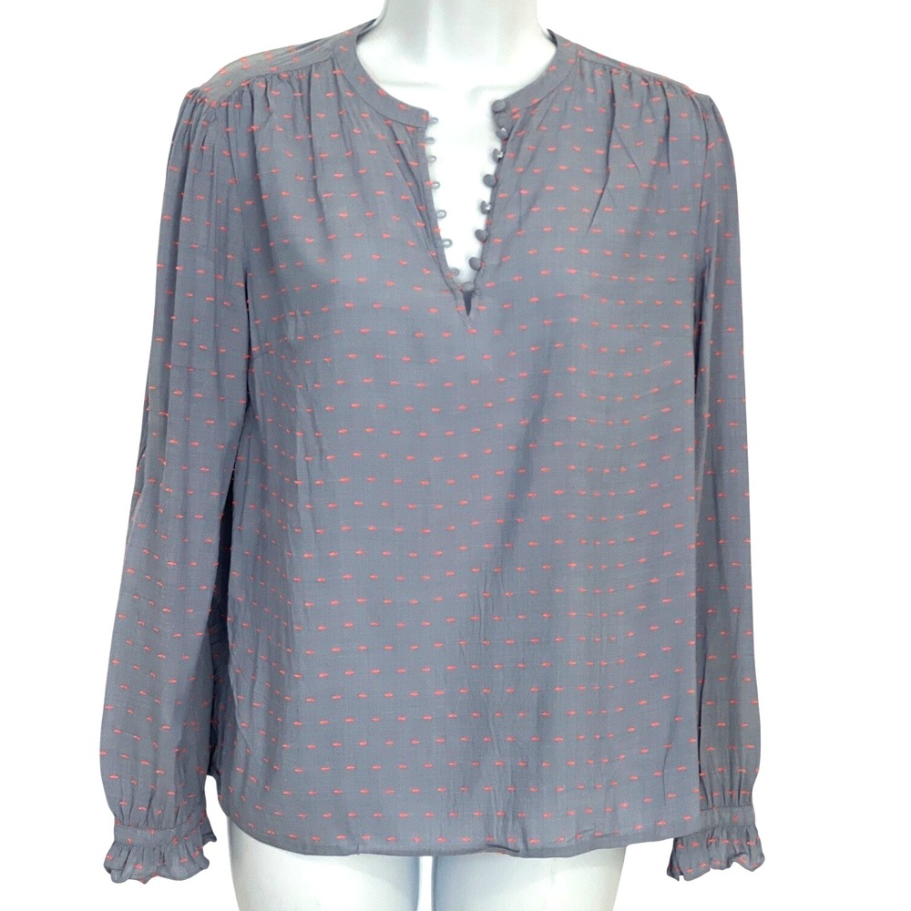 Boden Womens Blue Dobby Peasant Blouse Split Neck Embroidered Dot Size 6